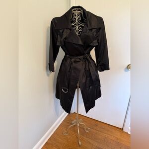 Bebe Black Satin Sexy Trench Coat w/ 3/4 Sleeves